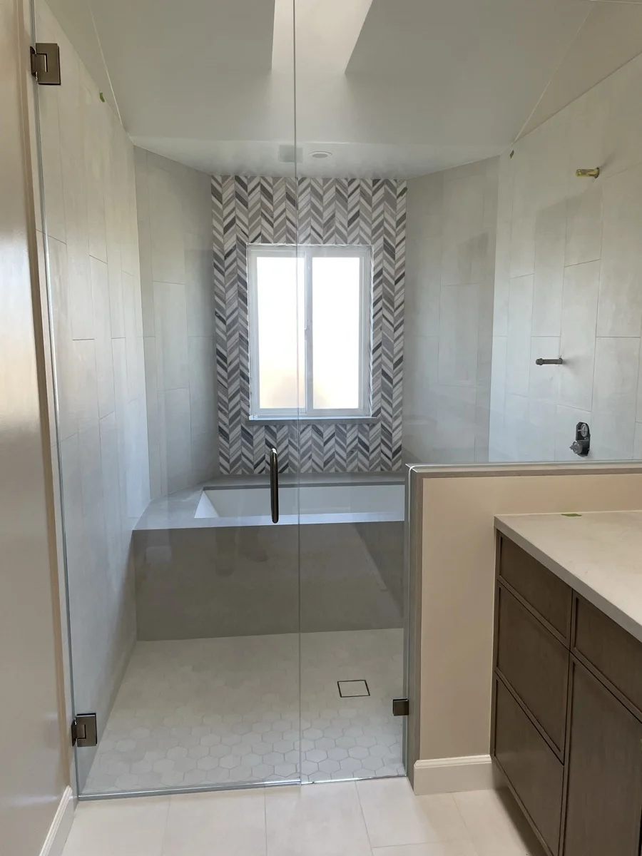 Herringbone chevron accent tile bathroom — SB Tile Pro, Santa Barbara