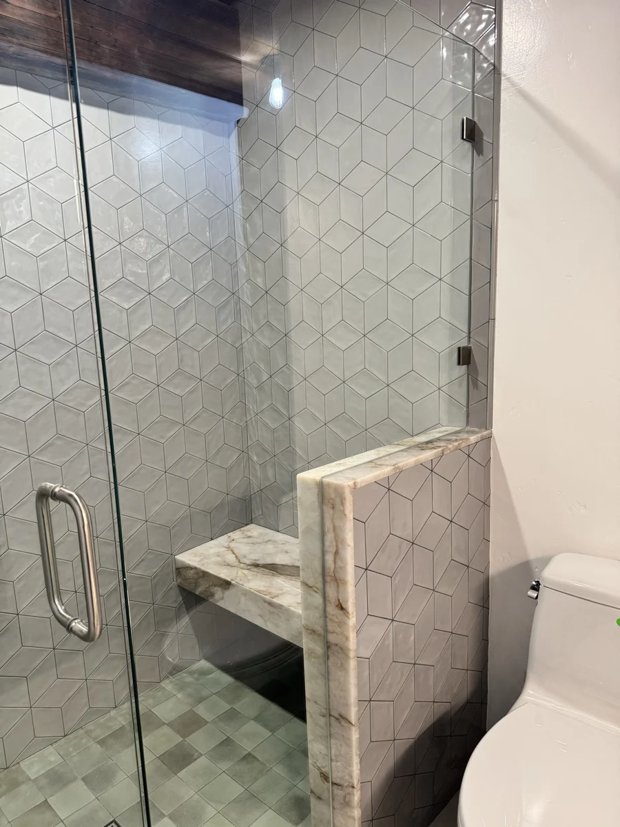 Diamond tile shower with marble bench — SB Tile Pro, Santa Barbara