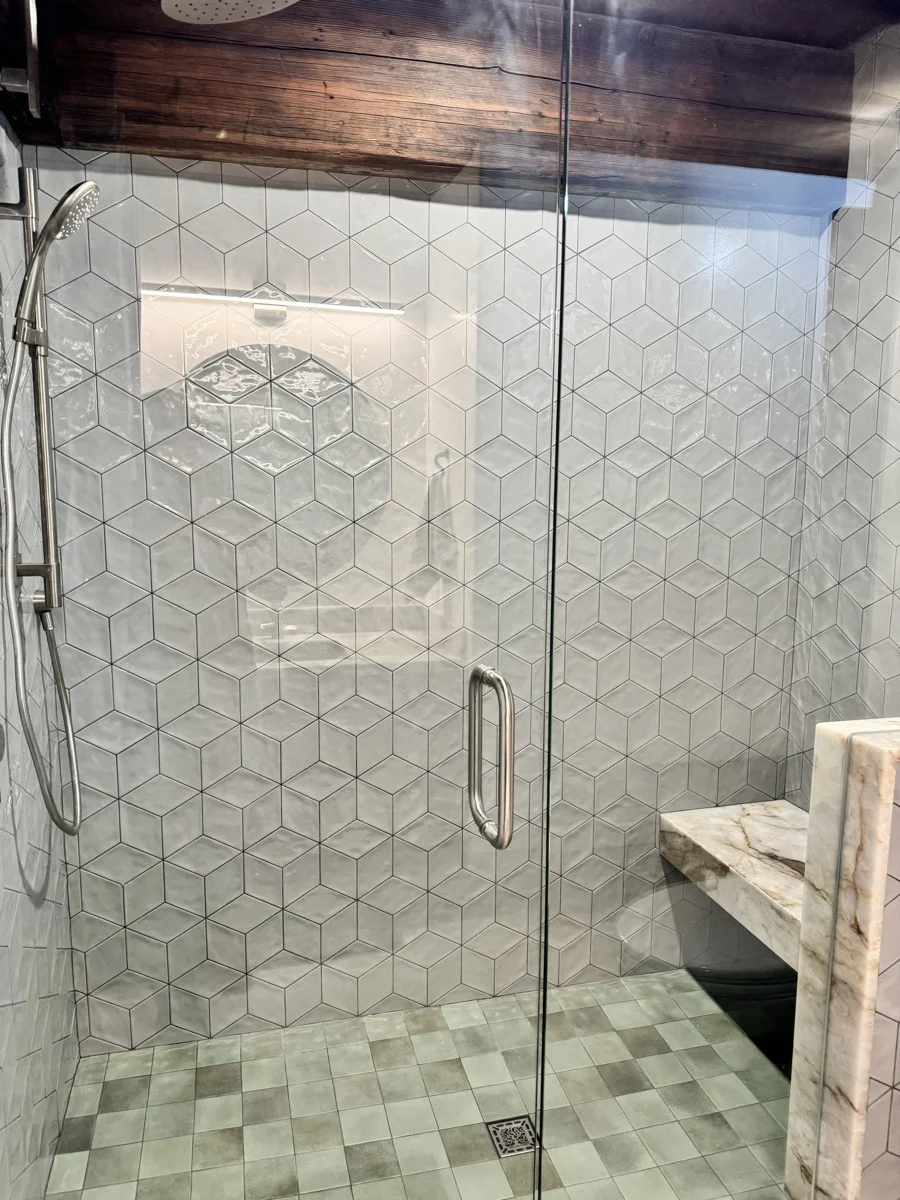 Diamond pattern tile shower with sage checkerboard — SB Tile Pro, Santa Barbara