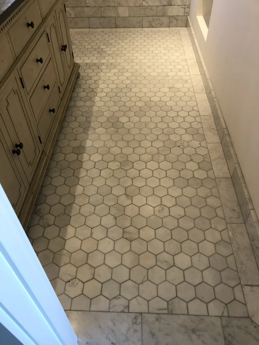 Hexagon marble tile shower — SB Tile Pro, Santa Barbara CA