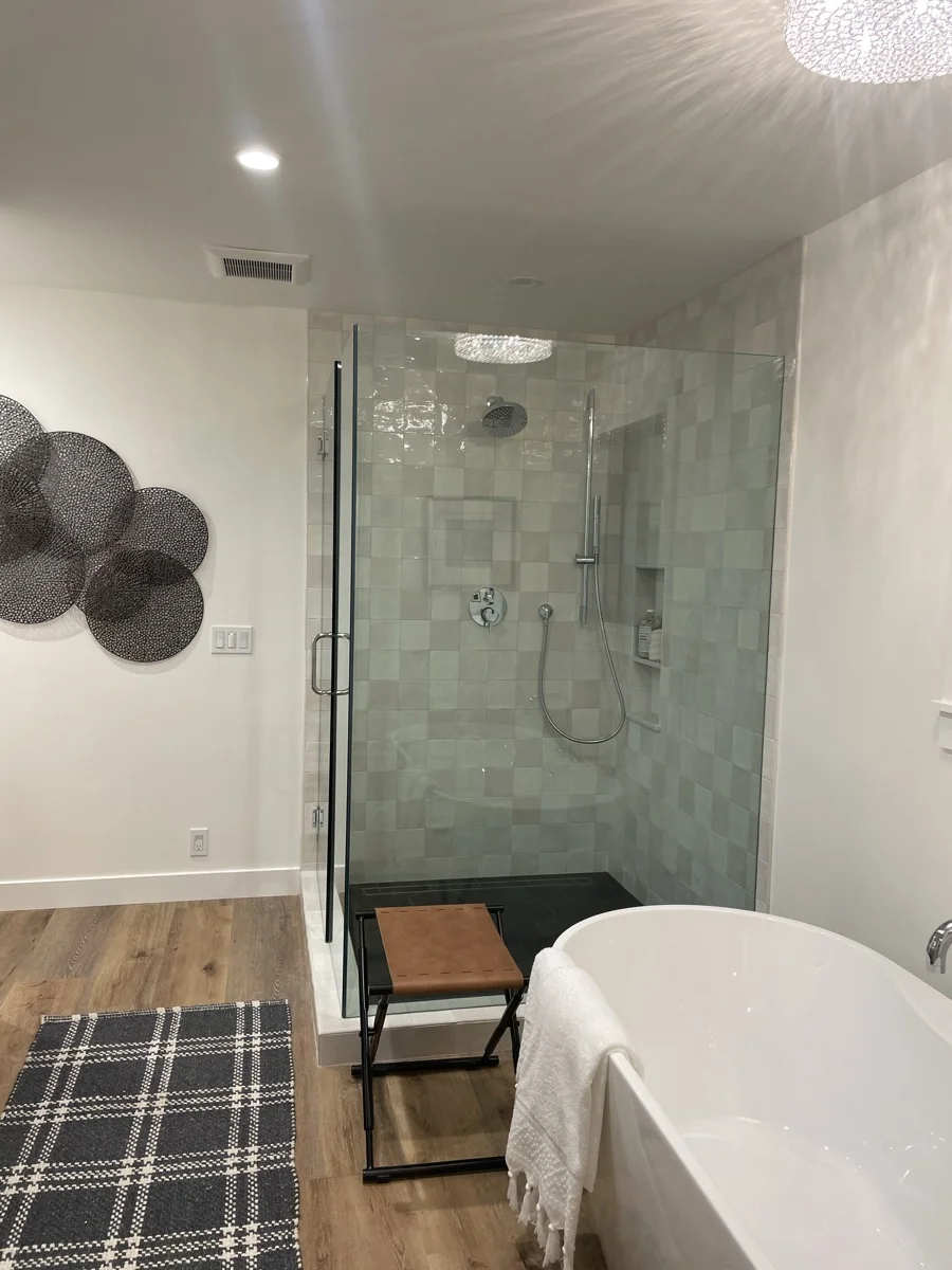 Sage green zellige tile shower remodel — SB Tile Pro, Santa Barbara CA